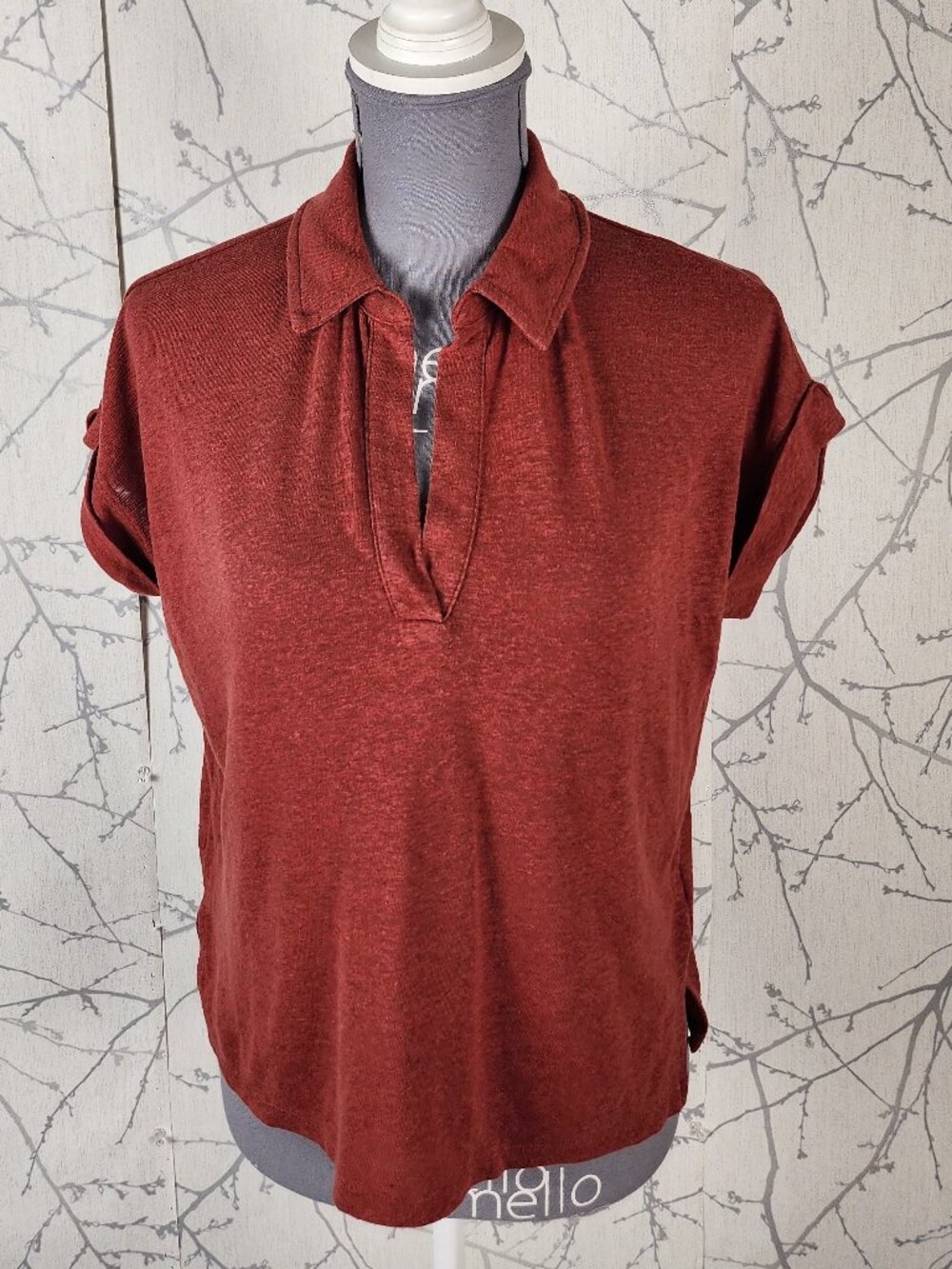 Banana Republic Brick Red Linen Blend Collared V-Neck Top